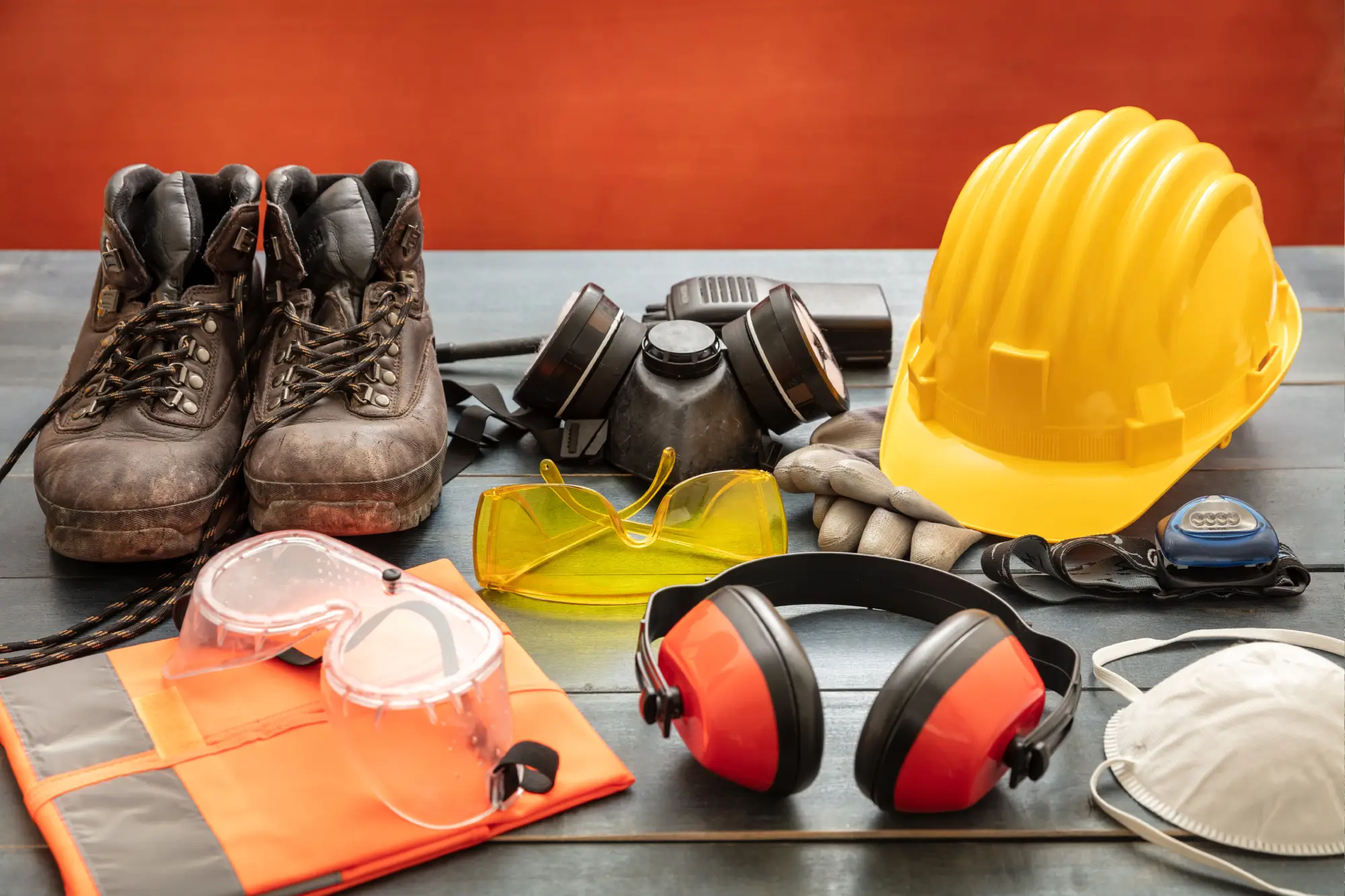Safety gear: boots, helmet, respirator, glasses.