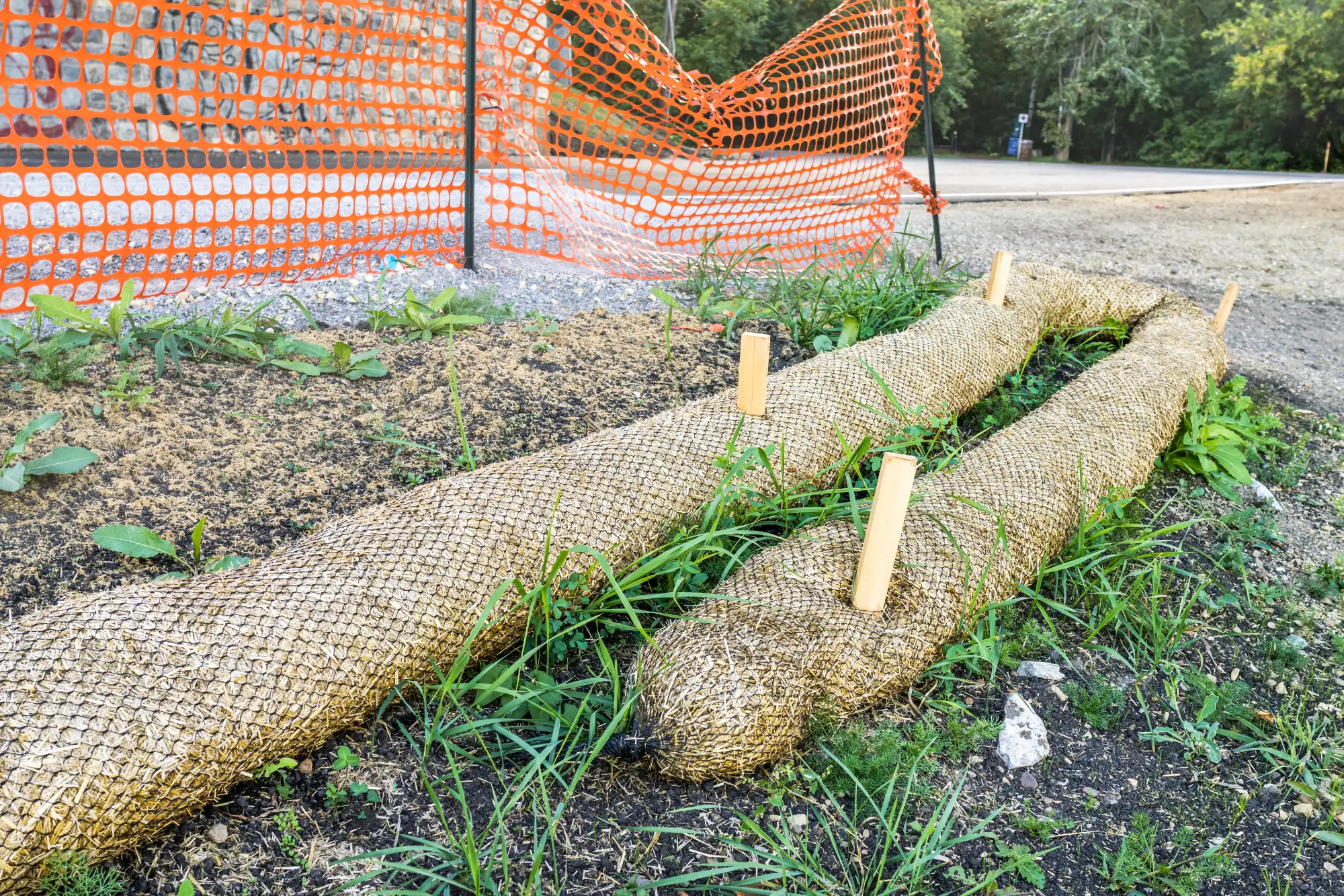 Erosion control straw wattles near fence.